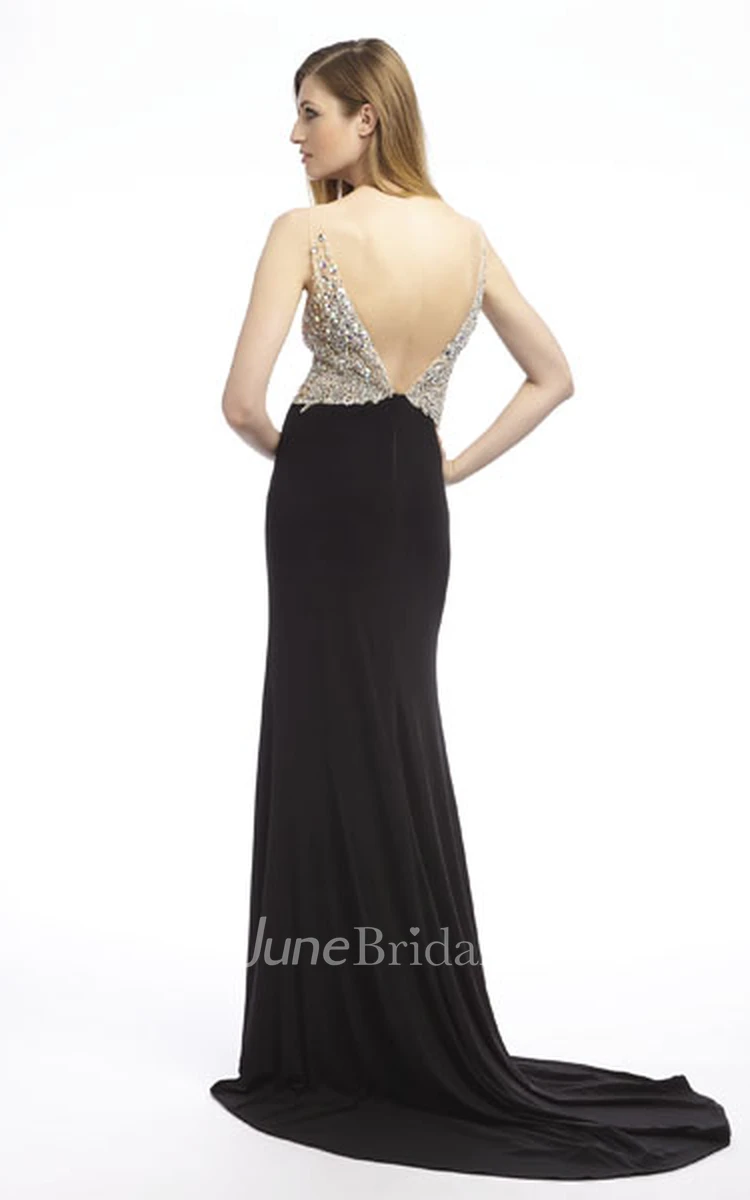 Jeweled Slit Front Formal Floor-Length Sheath Jersey Dress