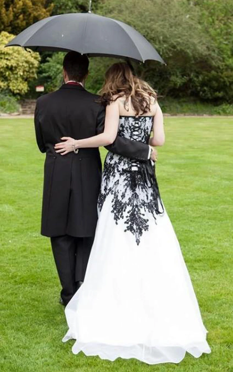 Victorian Gothic Vintage Black Lace and White Organza Garden Wedding Dress