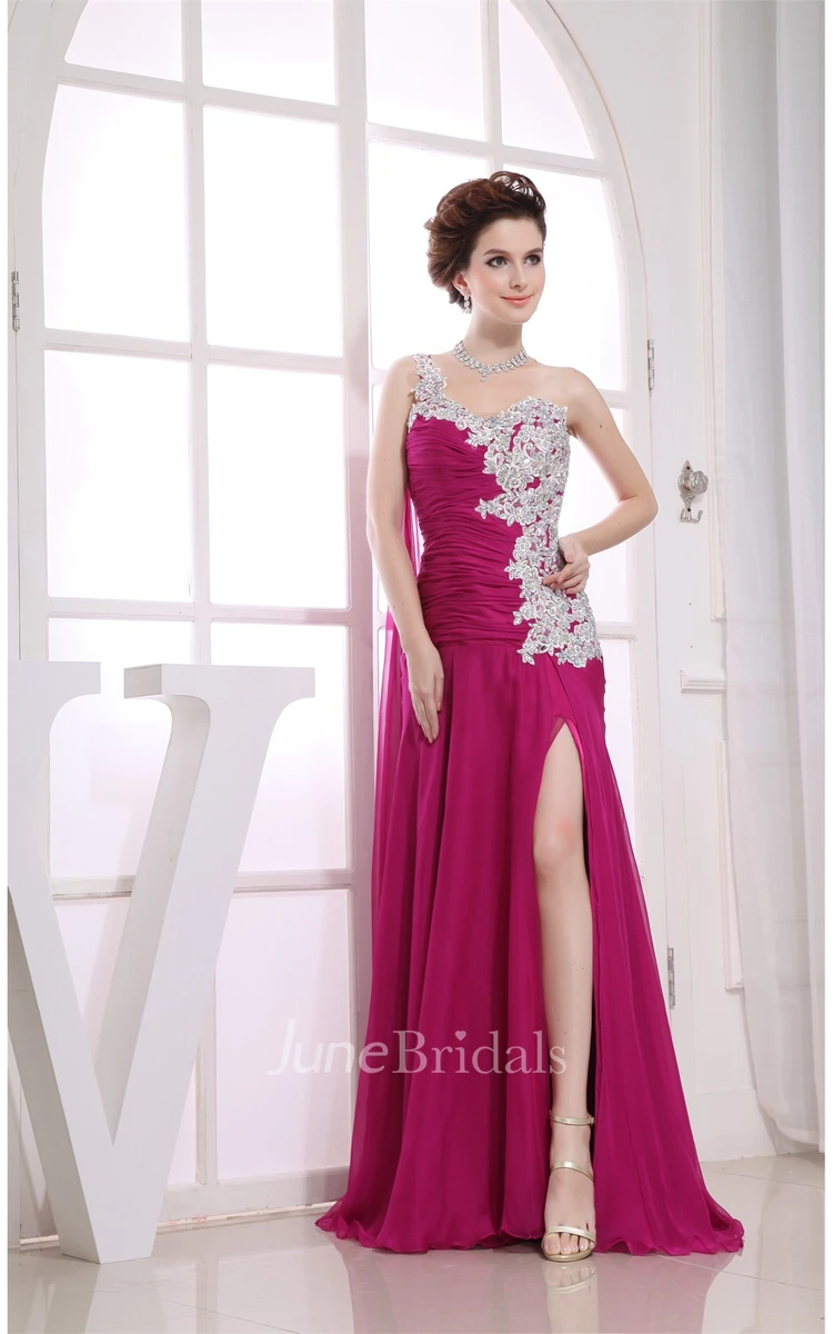 One-Shoulder Front-Split Ruched Bodice Gown with Beaded Embellishment and Zipper Back