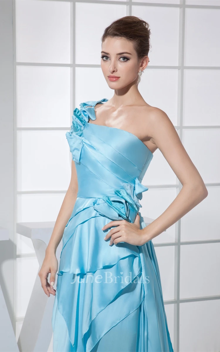 One-Shoulder Ruched Floor-Length Dress with Pleats and Court Train