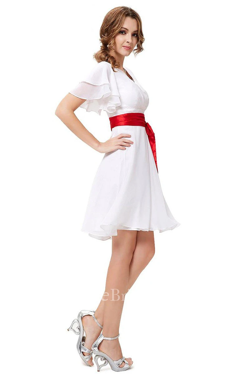Short-sleeved A-line Chiffon Dress With Bow