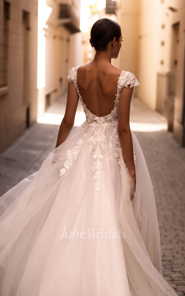 Ethereal Elegant Plunging V-Neck Floor-length Flowers Lace Tulle Wedding Dress Sexy Garden A-Line Sleeveless Open Back Appliques Beaded Bridal Gown with Sash