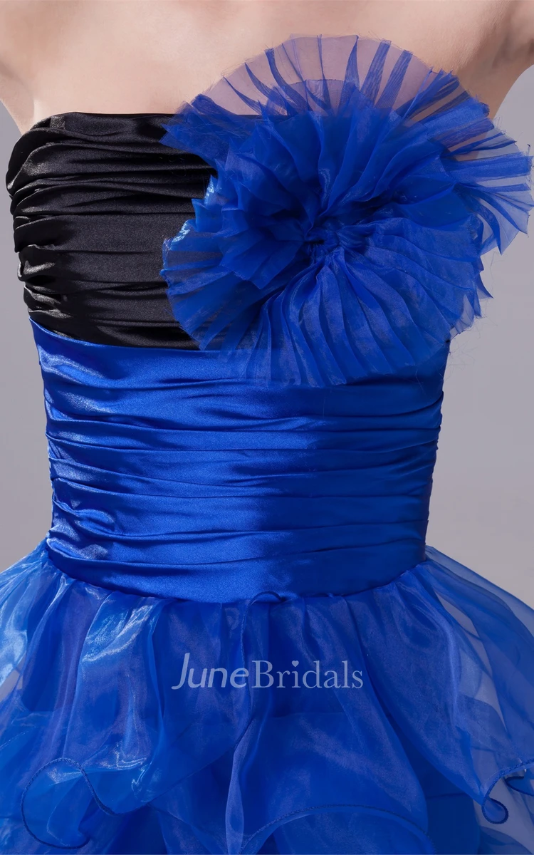 Ruched Strapless Maxi Gown with Tiers and Flower