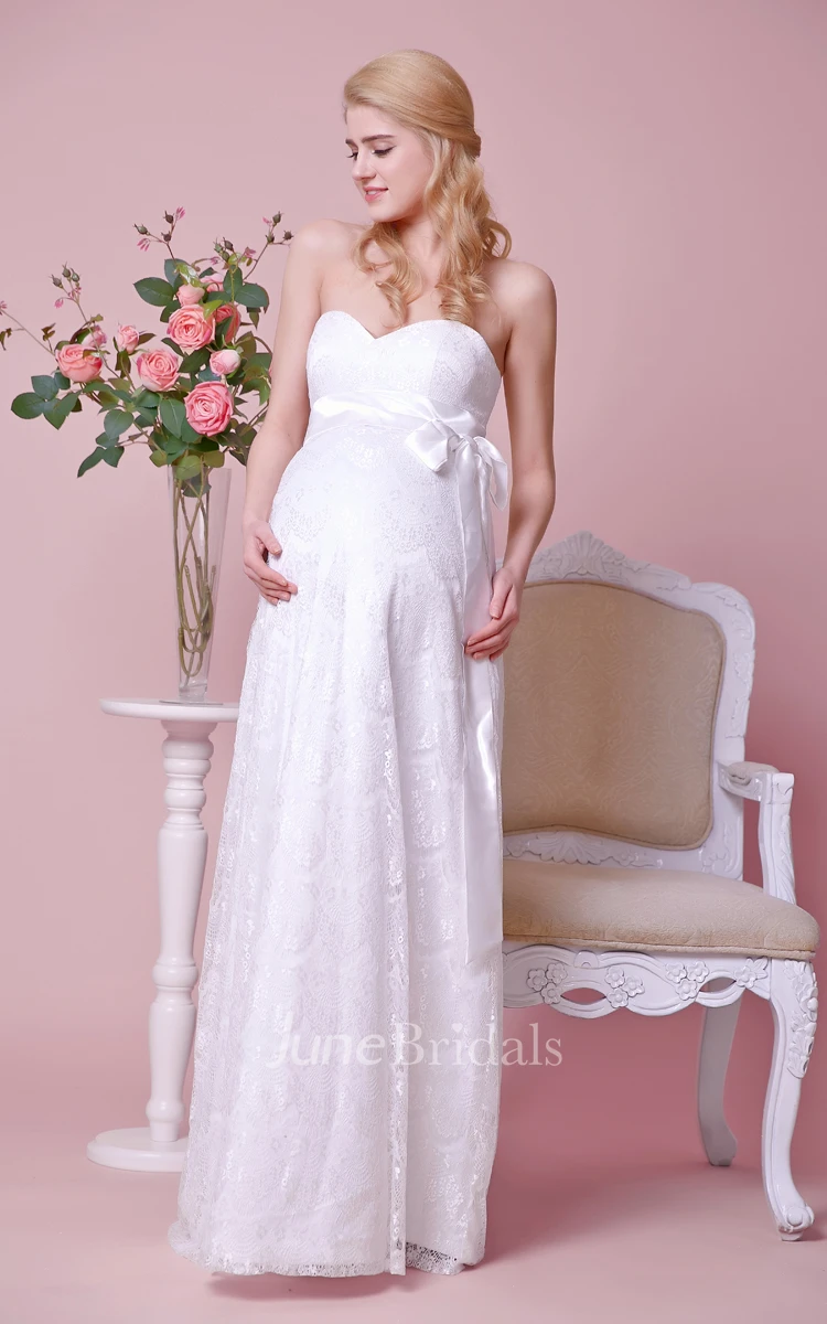 Strapless Empire Waist Lace Long Maternity Wedding Dress With Satin Bow