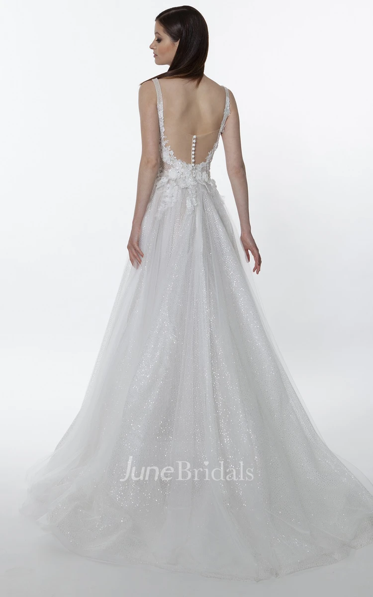 Modern Square Sleeveless Floor-length Tulle A Line Wedding Dress with Appliques