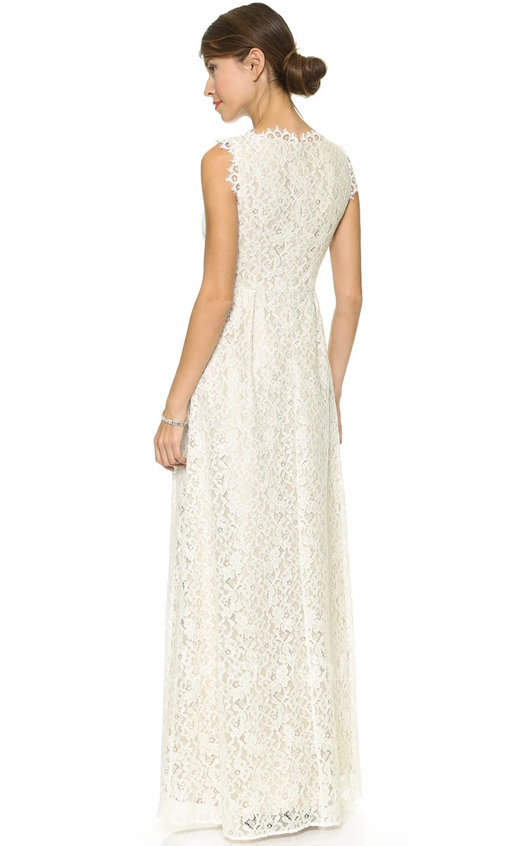 Low-V Neckline Sheath Lace Floor-length Dress With Side Draping