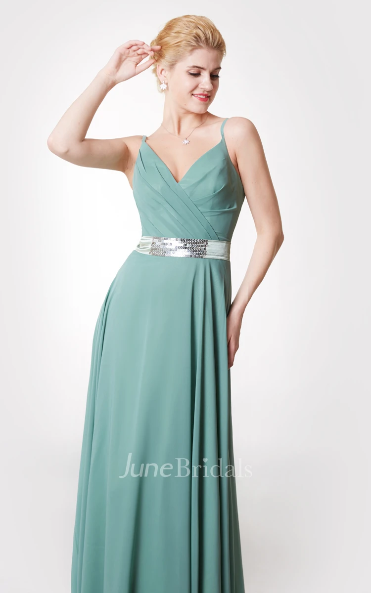 Demure V Neck Ruched Chiffon Gown With Beaded Sash