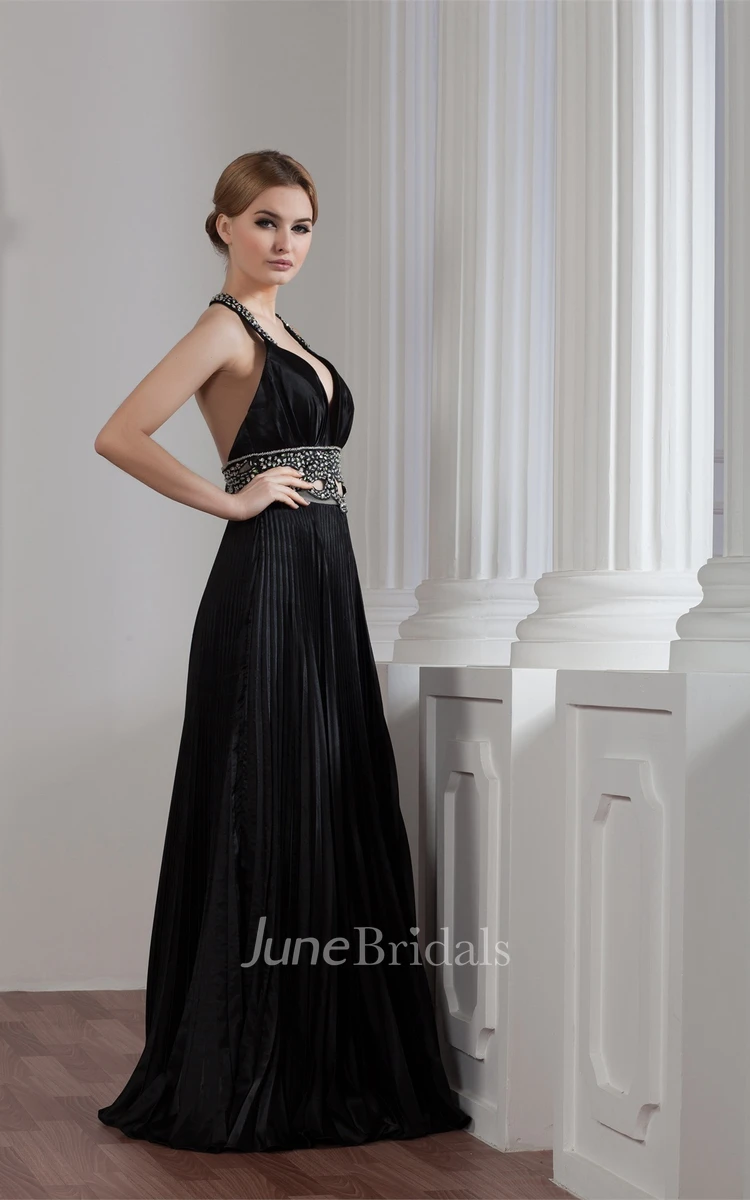 Plunged A-Line Floor-Length Gown with Beading and Keyhole