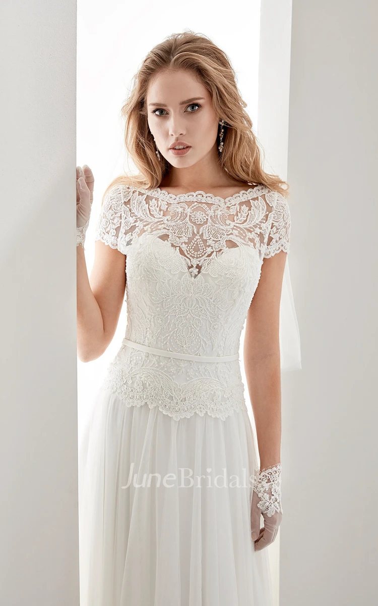 Scalloped-Neck Illusion Draping Wedding Dress With Lace Bodice And T-Shirt Sleeves