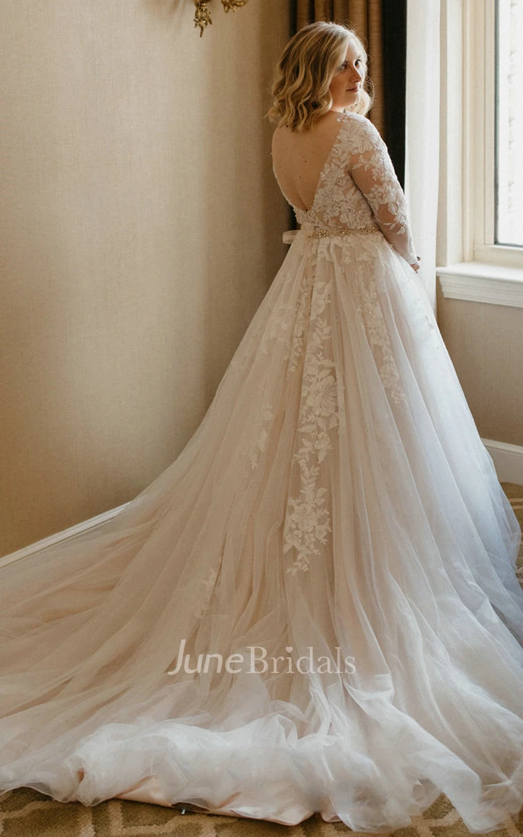 Casual Brush Train Long Sleeve Tulle A Line Deep-V Back Wedding Dress with Ruching