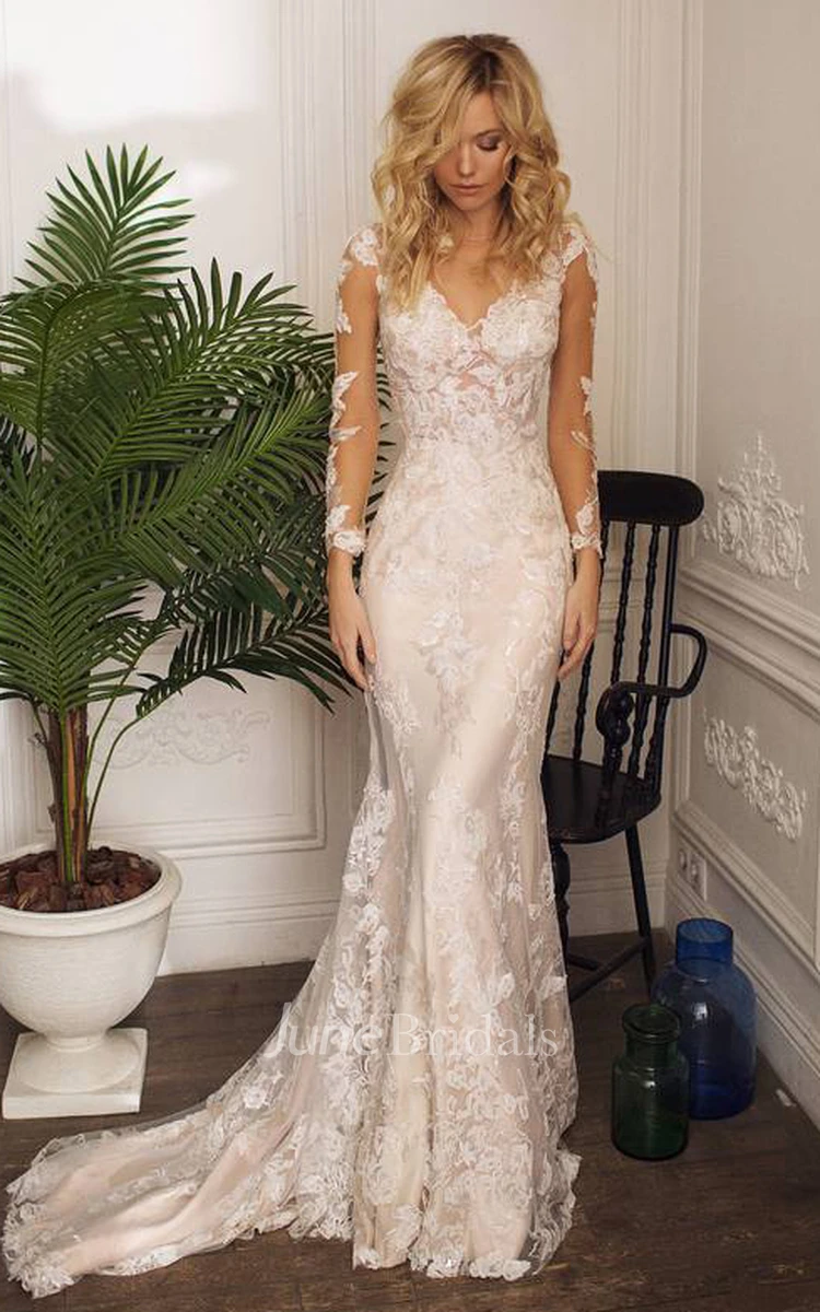 Modest Mermaid Floor-length Sweep Train Lace Jewel Long Sleeve Wedding Dress