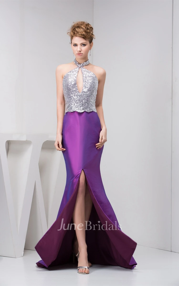 Sleeveless Mermaid Front-Split Dress with Sequins and Keyhole