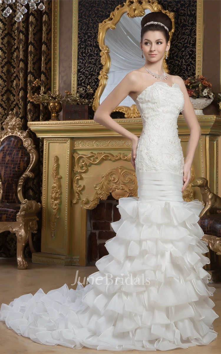 Strapless Mermaid Ruffled Gown with Appliques and Tiers