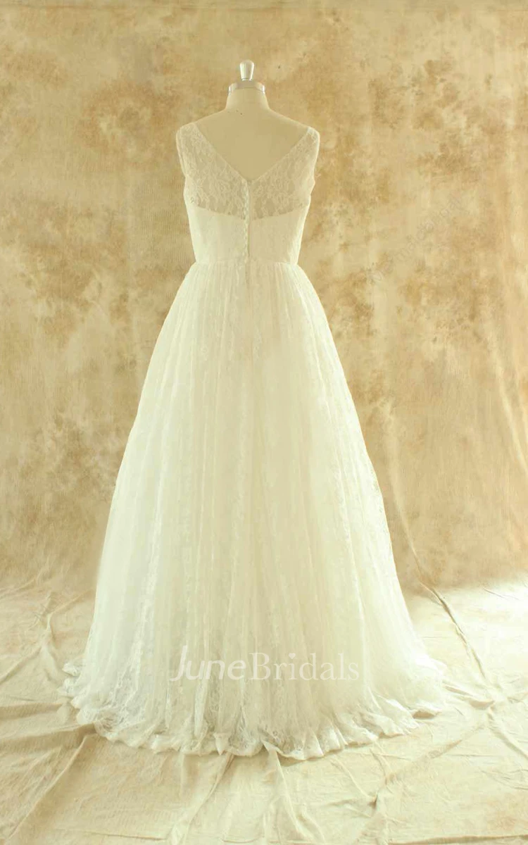 Jewel Sleeveless Long Tulle Wedding Dress With Pleats And Button Back