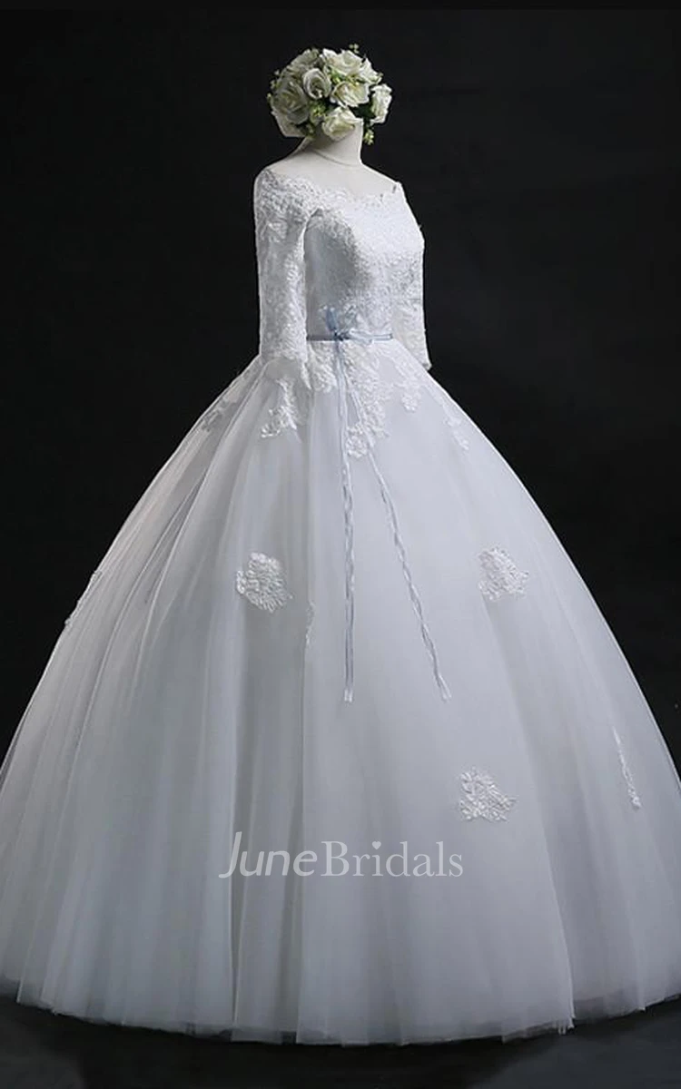 Scoop Ball Gown Bateau Long Tulle Wedding Dress With Lace