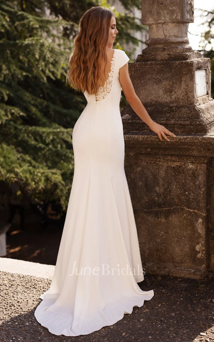 Elegant Mermaid V-Neck Wedding Dress Satin Cap-Sleeve Bridal Gown With Deep-V Back And Appliqued Lace