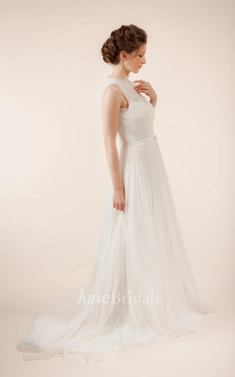 Long Sleeveless A-Line Tulle Wedding Dress With Sheer Back
