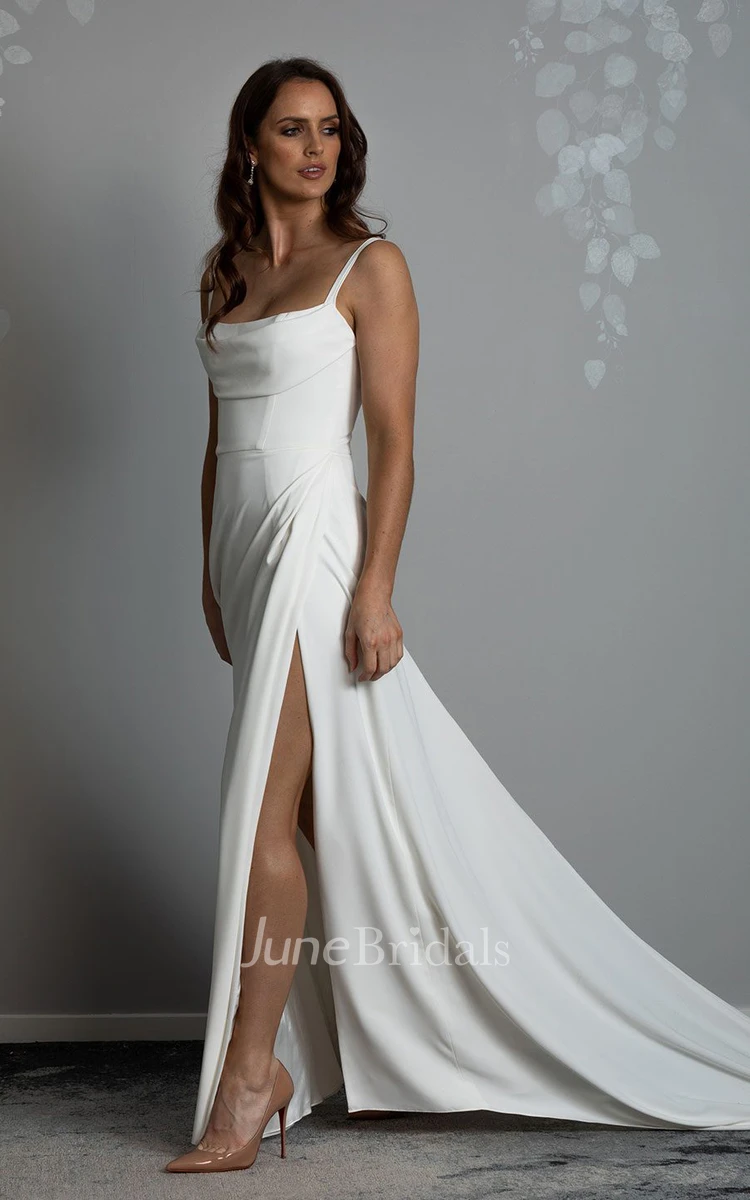 Sheath Scoop Neckline Spaghetti Jersey Sexy Wedding Dress With Open Back And Court Train