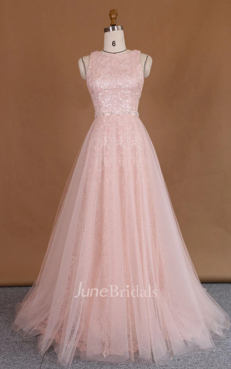 Nude Two Piece Lace Gown Detachable Train Netting Dress