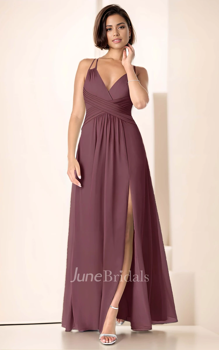 Unique Flowy A-Line Chiffon Maxi Bridesmaid Dress Elegant Simple Split Front Cross Back Floor Length Ruched Formal Dress