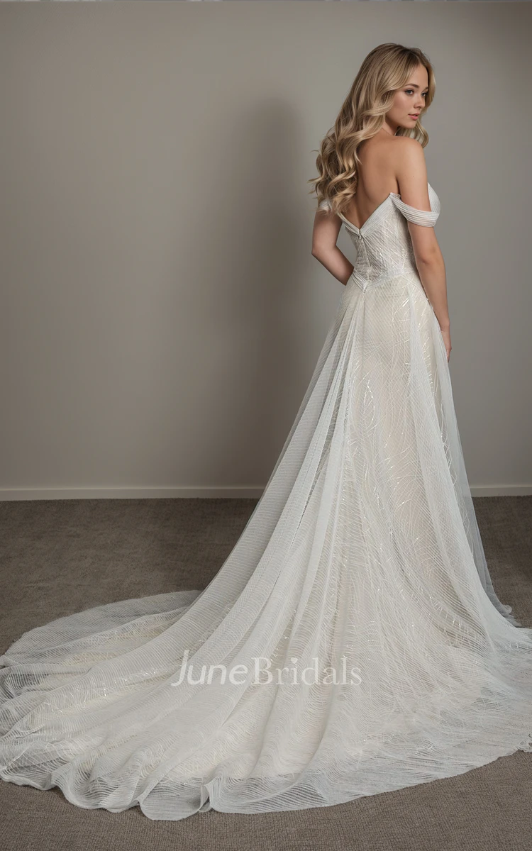 Sexy Elegant Sheath Off-the-shoulder V-neck Pleats Tulle Wedding Dress Romantic Modern Floor-length Court Train Sleeveless Zipper Low-V Back Split Front Bridal Gown