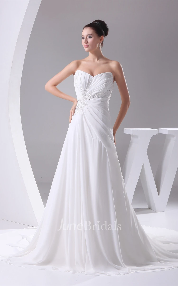 Strapless Chiffon Pleated Maxi Dress with Beading and Central Ruching