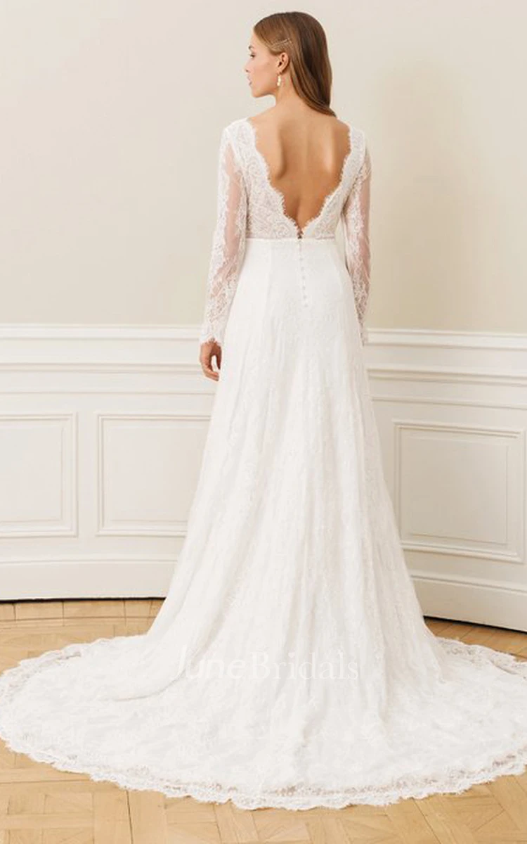 Modest Lace V-neck A Line Floor-length Court Train Deep-V Back Wedding Dress