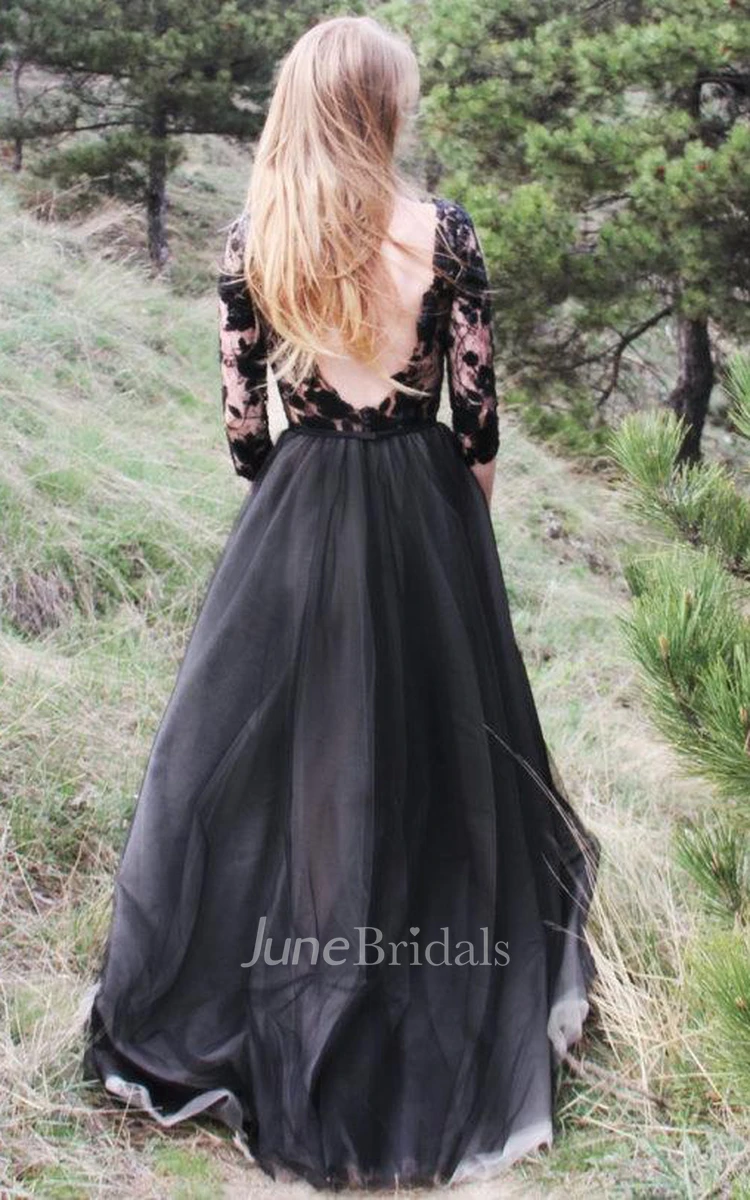 Tulle Long Sleeve Illusion Dress With Appliques And Deep-V Back