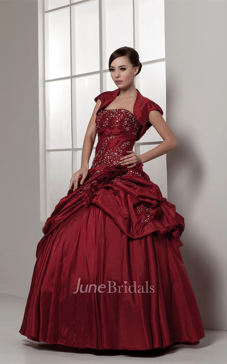 Strapless Pick-Up Ball Gown with Rhinestone and Flower