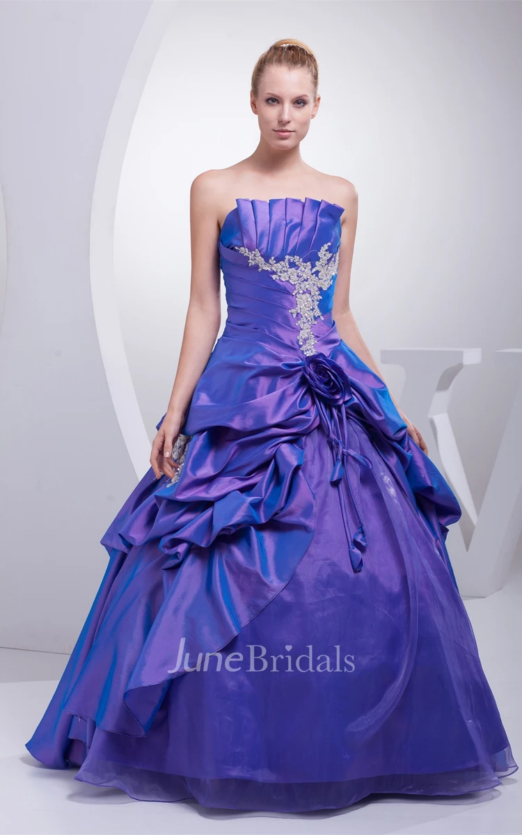 Strapless Pick-Up Ruched Ball Gown with Appliques