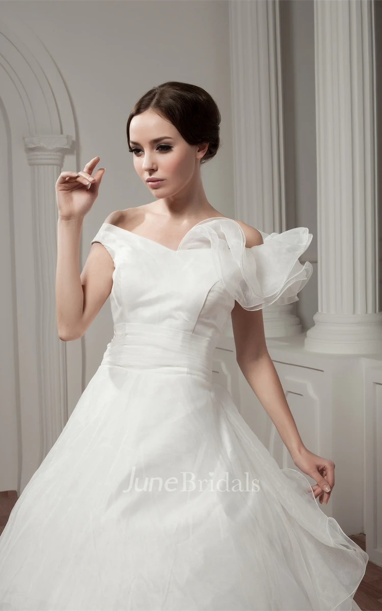 Off-The-Shoulder A-Line Ball Gown with Draping and Ruched Waist