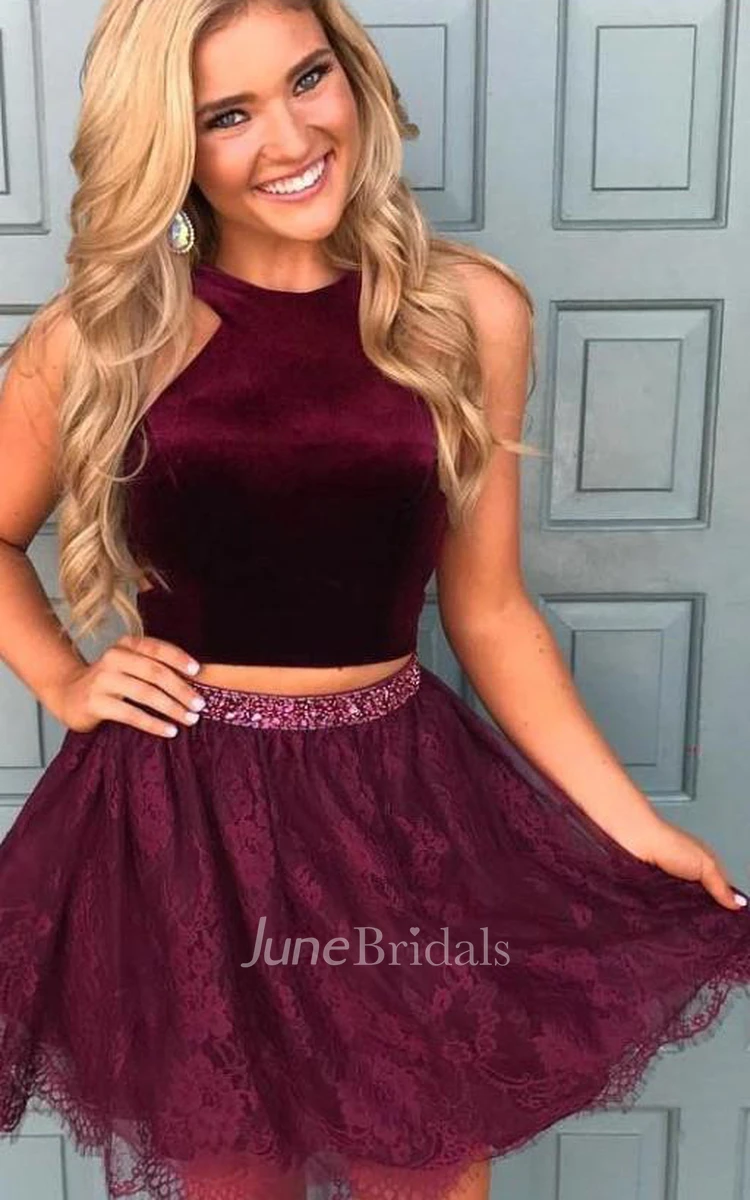 Casual Two Piece Satin Lace Halter Sleeveless Homecoming Dress with Sequins