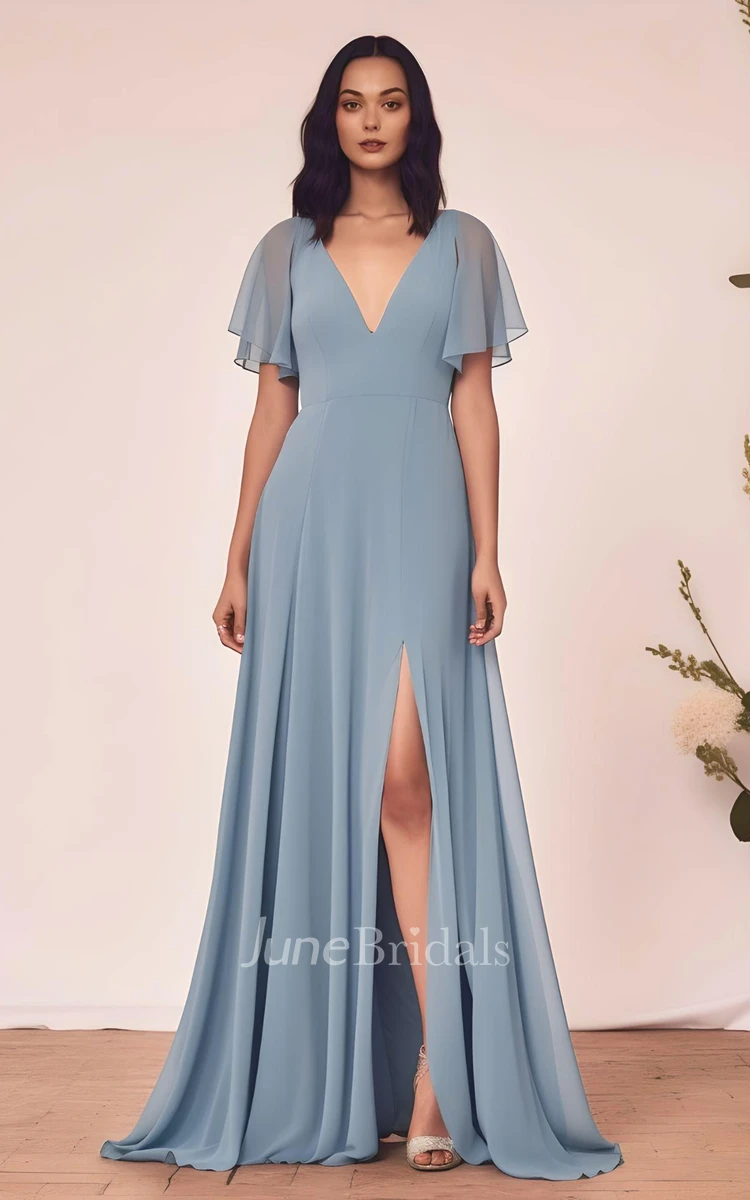 Modest A-Line V-neck Chiffon Bridesmaid Dress with Split Front