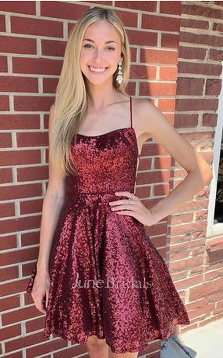 Romantic A Line Spaghetti Short Homecoming Dress With Cross Back And Sequins