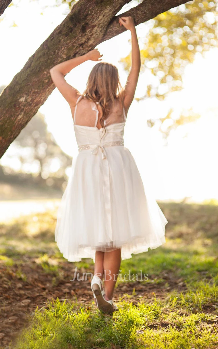 V-Neck Sleeveless Tulle Dress With Bow And Illusion Back