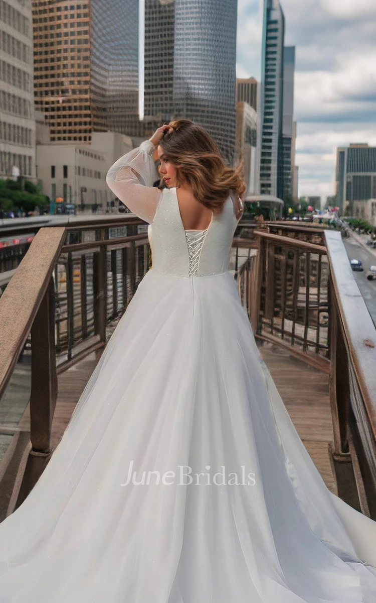 Modest Plus Size Long Sleeve Wedding Dress Simple Casual A-Line V-Neck Pleated Bridal Gown