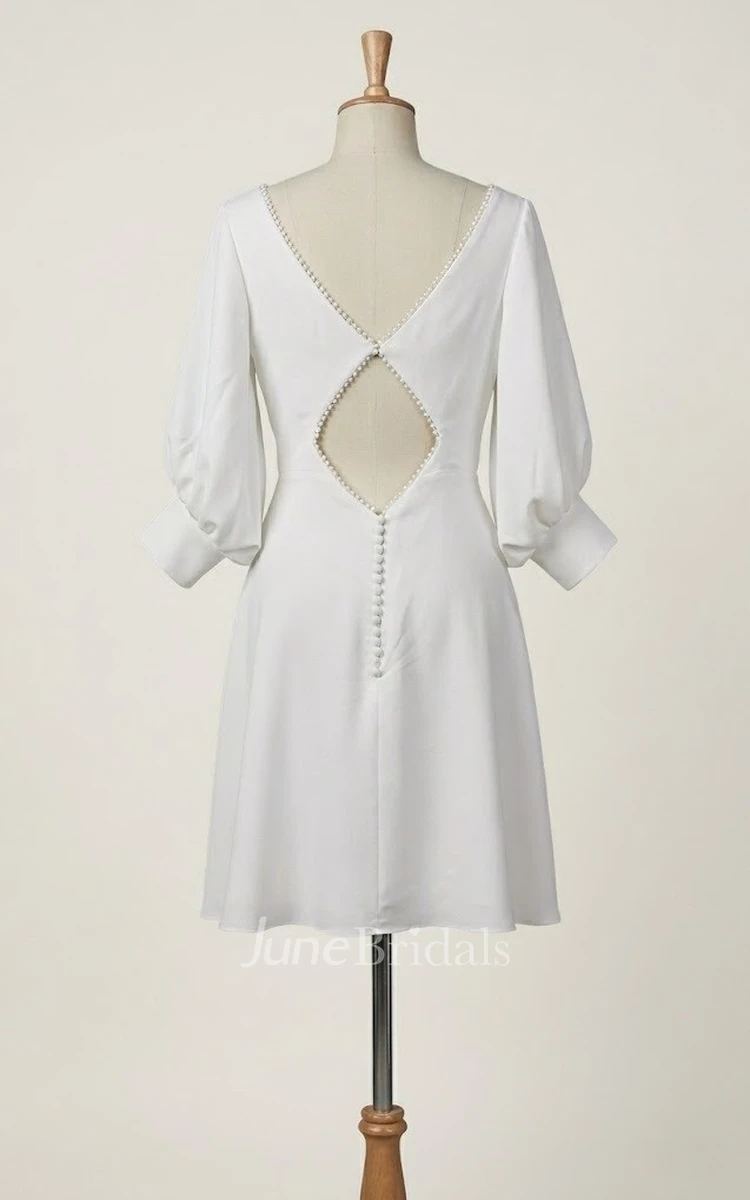 Modern Simple Chiffon A-Line Short Wedding Dress with Ruched Balloon Sleeves and Cuffs