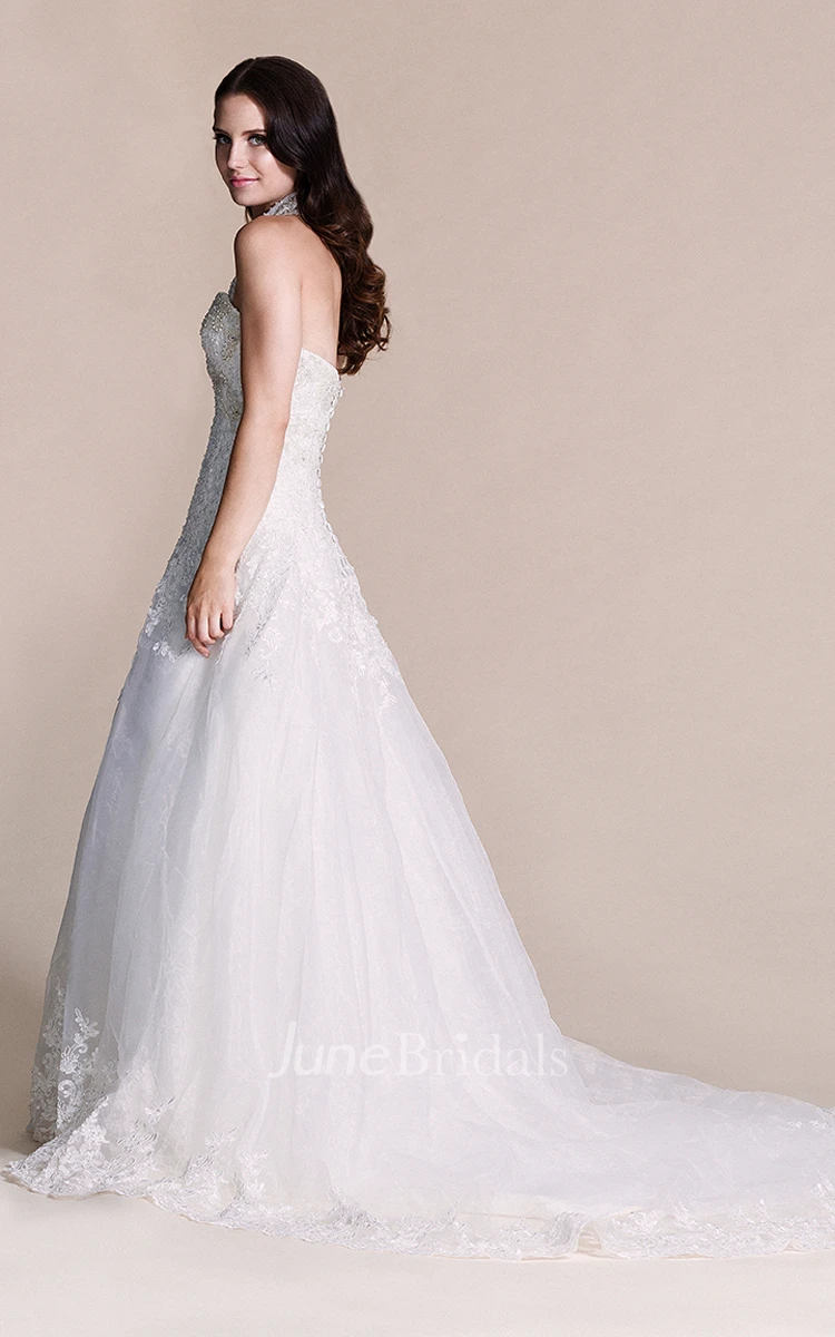 Sweetheart Beaded Lace Halter Ball Gown