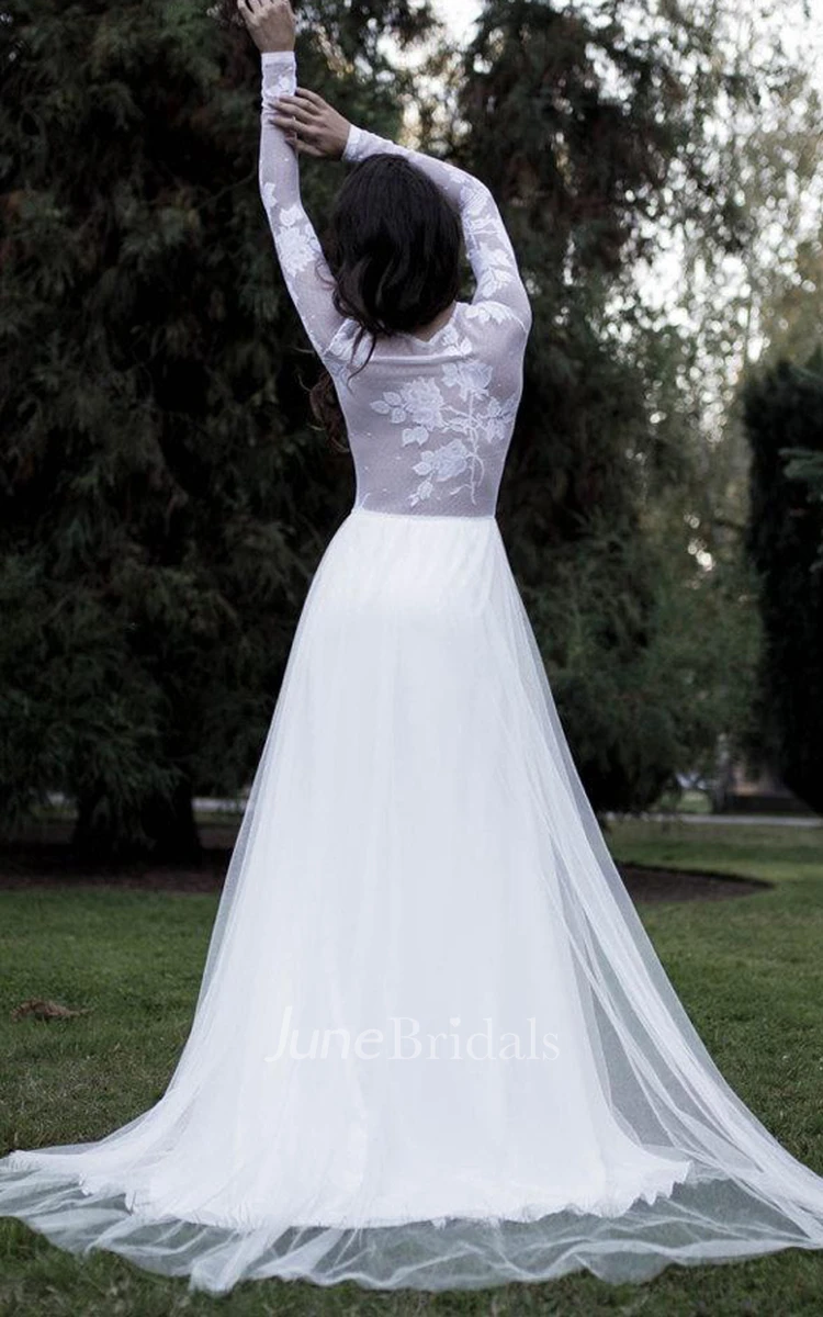 Bateau Long Sleeve Tulle Appliqued Wedding Dress