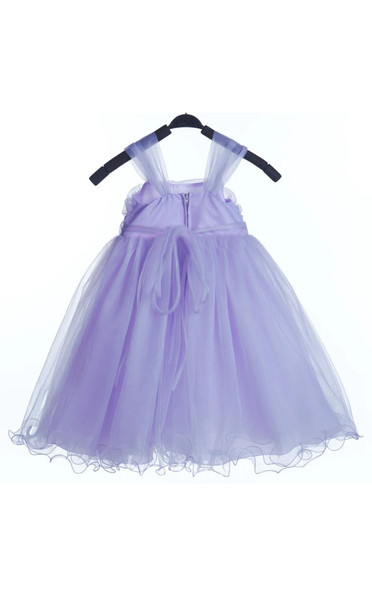 Strapped Ruffled A-line Tulle Dress With Ruching and Flower