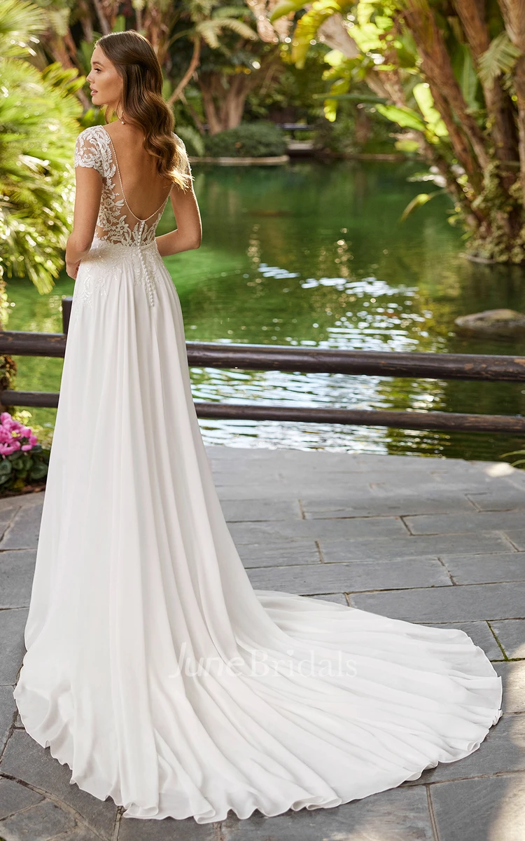 Bohemian Bateau Neckline Neckline A-Line Chiffon Wedding Dress Casual Sexy Western Romantic Adorable With Open Back And Appliques