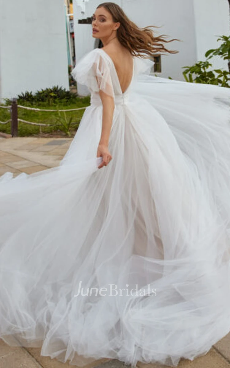 Casual Beach A-Line Tulle Wedding Dress With V-neck And Low-V Back