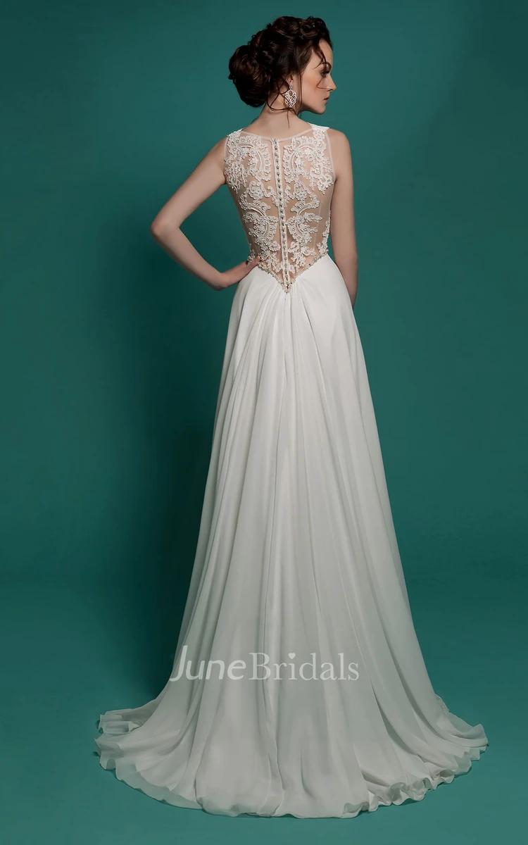 A-Line Floor-Length V-Neck Sleeveless Illusion Chiffon Dress With Beading And Lace Appliques