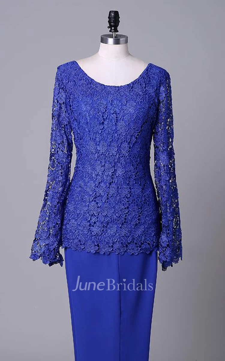 Scoop Neck Long Sleeve Lace And Chiffon Dress
