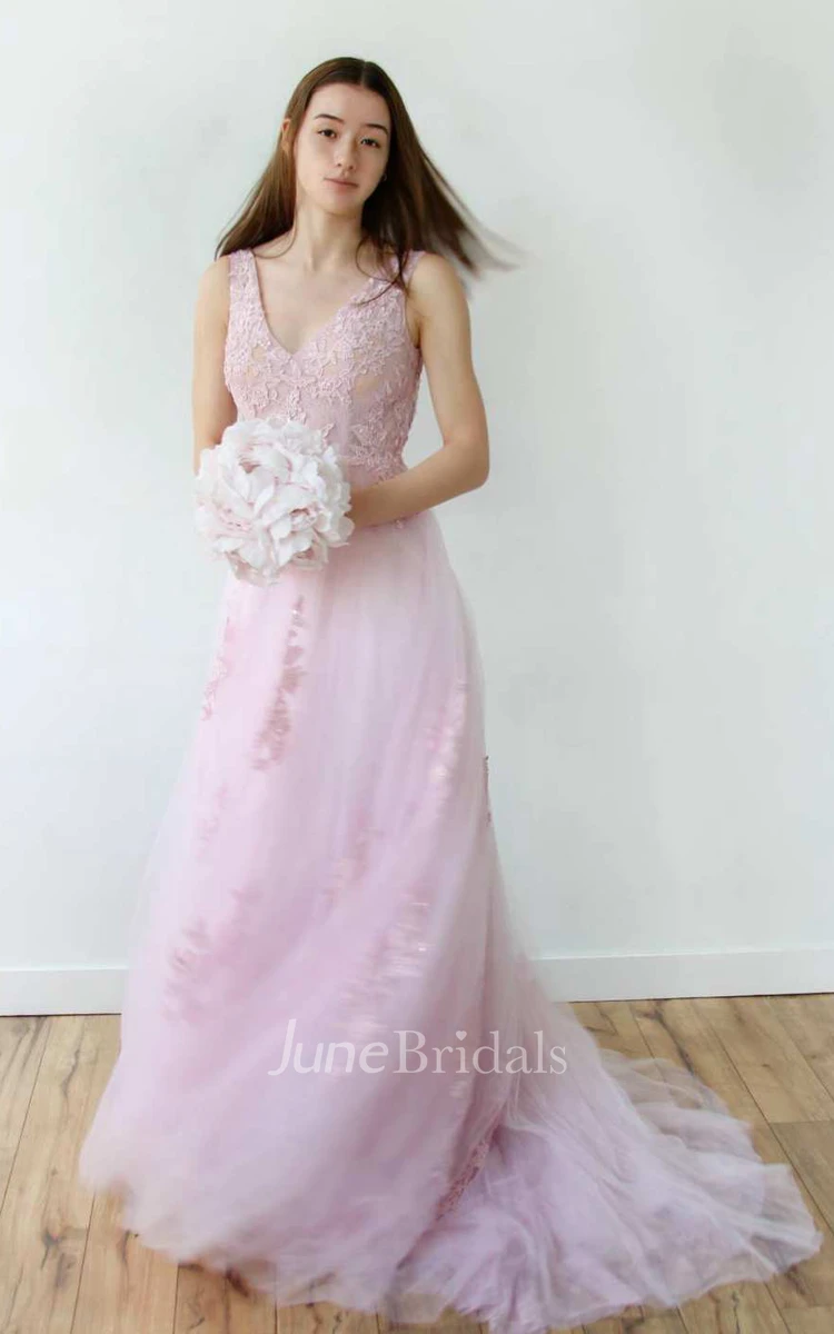 Plunged Sleeveless Tulle A-Line Dress With Appliques And Deep-V Back