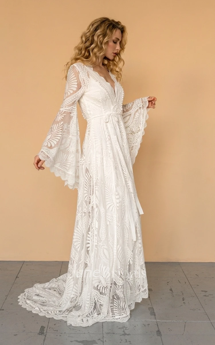 Floral Beach A-Line Boho Lace Long Bell Sleeve Spring Wedding Dress Vintage Modest Barn Country Sweep Train Illusion Back Bridal Gown