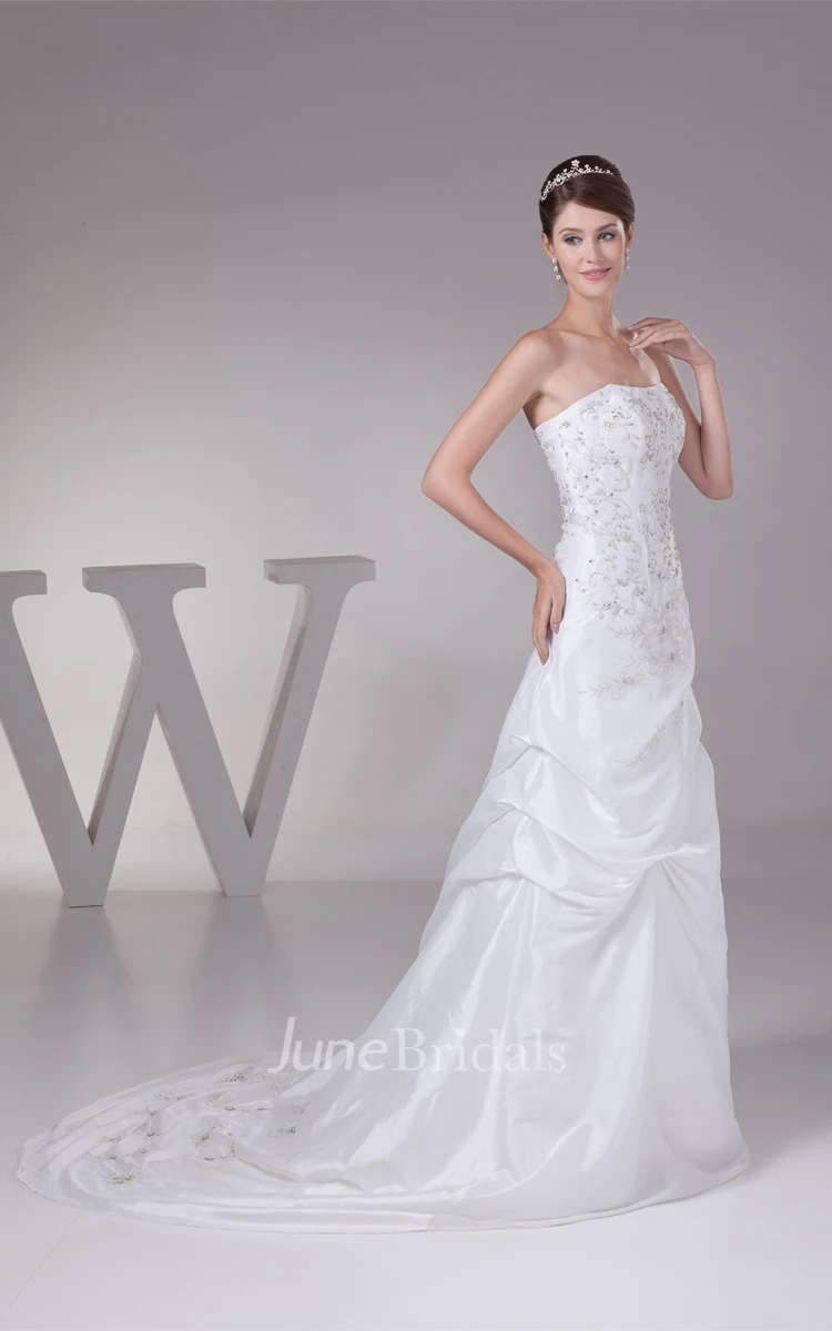 Strapless Embroidered Pick-Up Gown with Corset Back and Brush Train