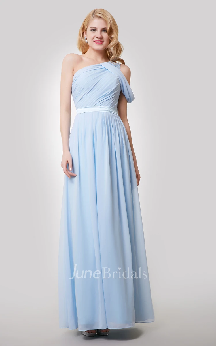 One-Shoulder Ruched Floor Length A-Line Chiffon Dress With Satin Sash