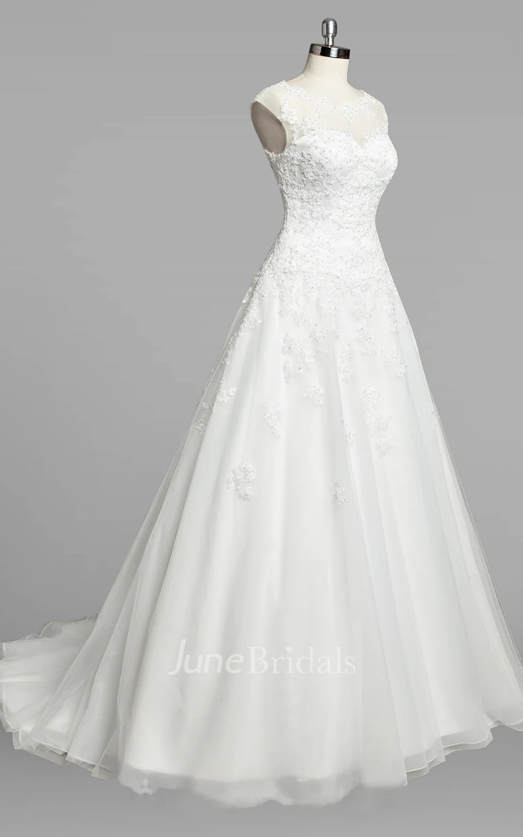 Jewel Neck Cap Sleeve A-Line Organza Wedding Dress With Lace Bodice