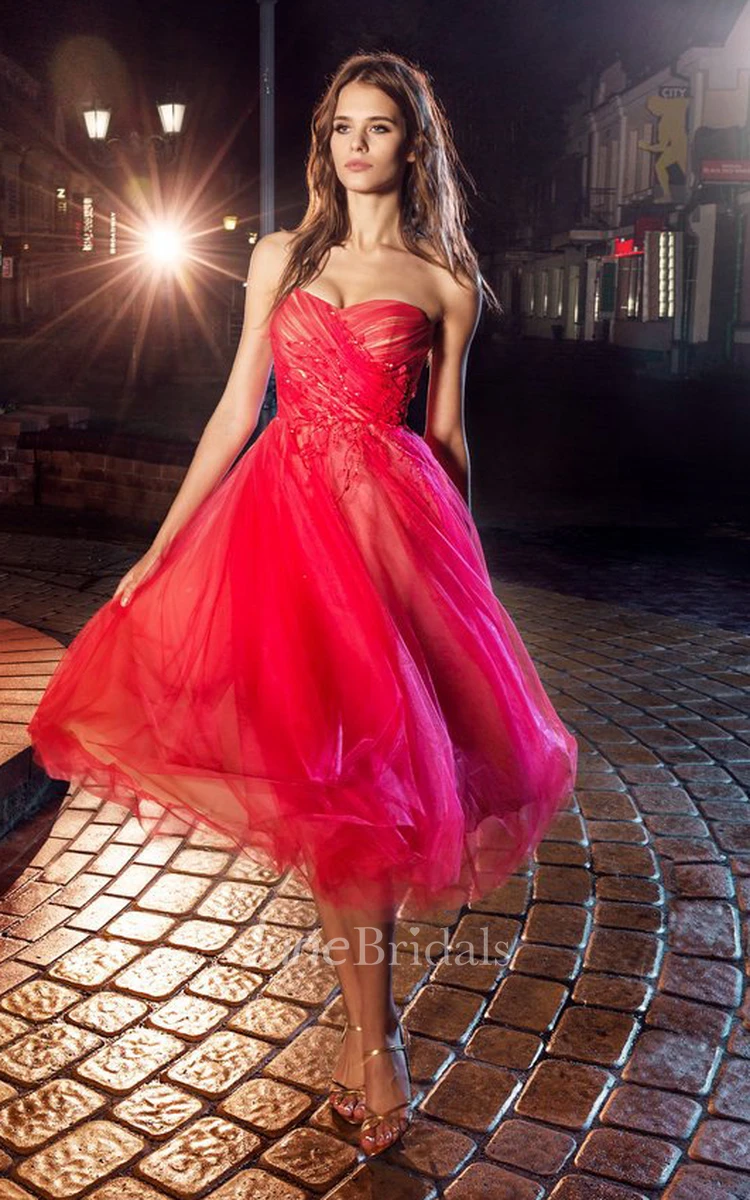 A-Line Knee-Length Strapless Tulle Backless Dress With Criss Cross And Flower